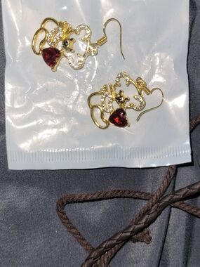 Gold-Tone Red Crystal Heart Bear Drop Earrings - Women's Jewelry